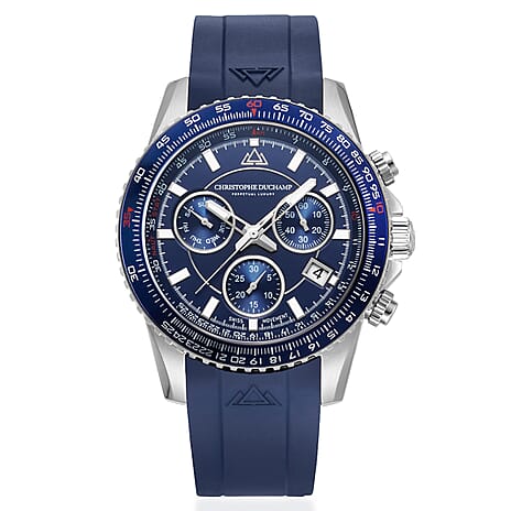 Christophe Duchamp Velocite V2 Swiss Z60 Chronograph 10ATM Mens Watch with Blue Dial and Silicone Strap in Silver Stainless Steel Case