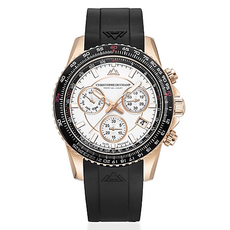 Christophe Duchamp Velocite V2 Swiss Z60 Chronograph 10ATM Mens Watch with White Dial and Black Silicone Strap in Gold Stainless Steel Case