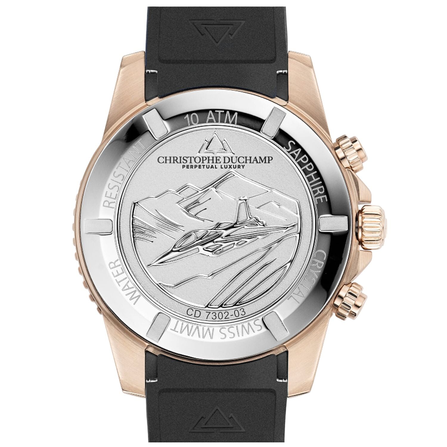 Christophe Duchamp Velocite V2 Swiss Z60 Chronograph 10ATM Mens Watch with White Dial and Black Silicone Strap in Gold Stainless Steel Case