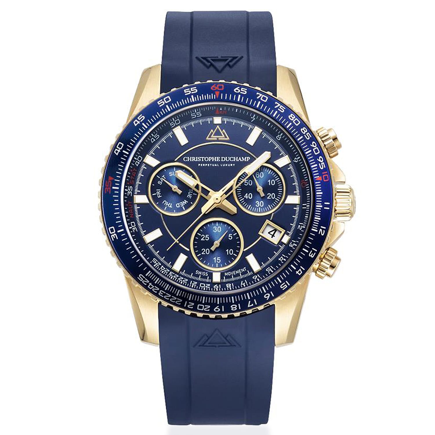 Christophe Duchamp Velocite V2 Swiss Z60 Chronograph 10ATM Mens Watch with Blue Dial and Silicone Strap in Gold Stainless Steel Case