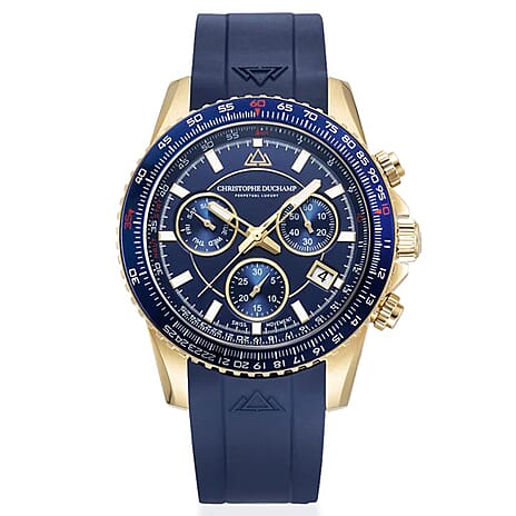Christophe Duchamp Velocite V2 Swiss Z60 Chronograph 10ATM Mens Watch with Blue Dial and Silicone Strap in Gold Stainless Steel Case
