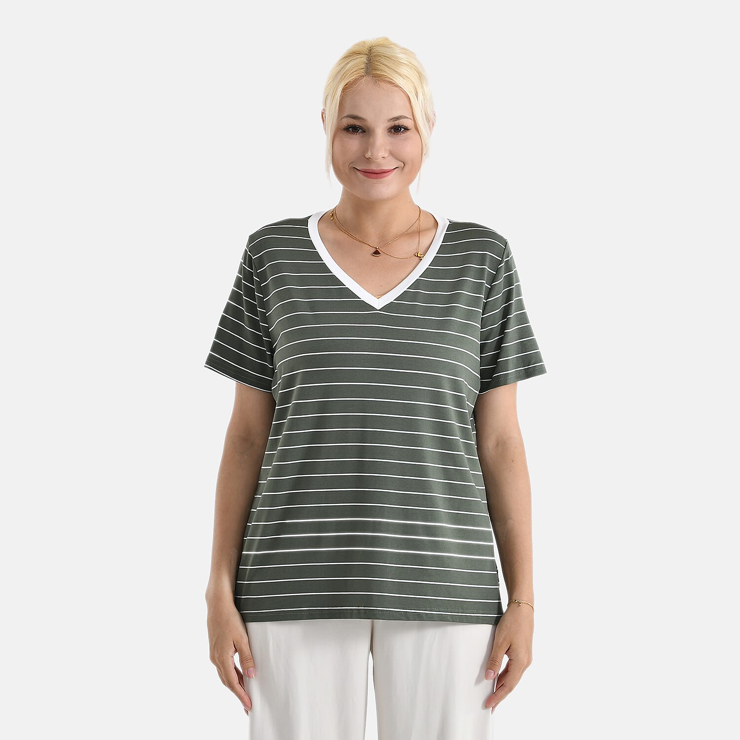 LA MAREY V-neck Striped Short-Sleeved Top