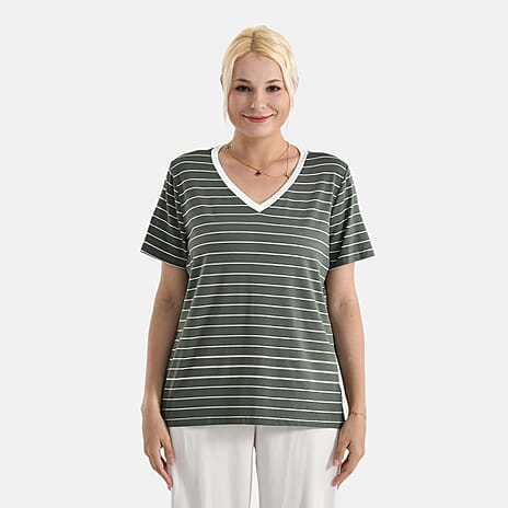 La Marey V-Neck Striped Short-Sleeved Top (Size S, 8-10) - Olive Green & White