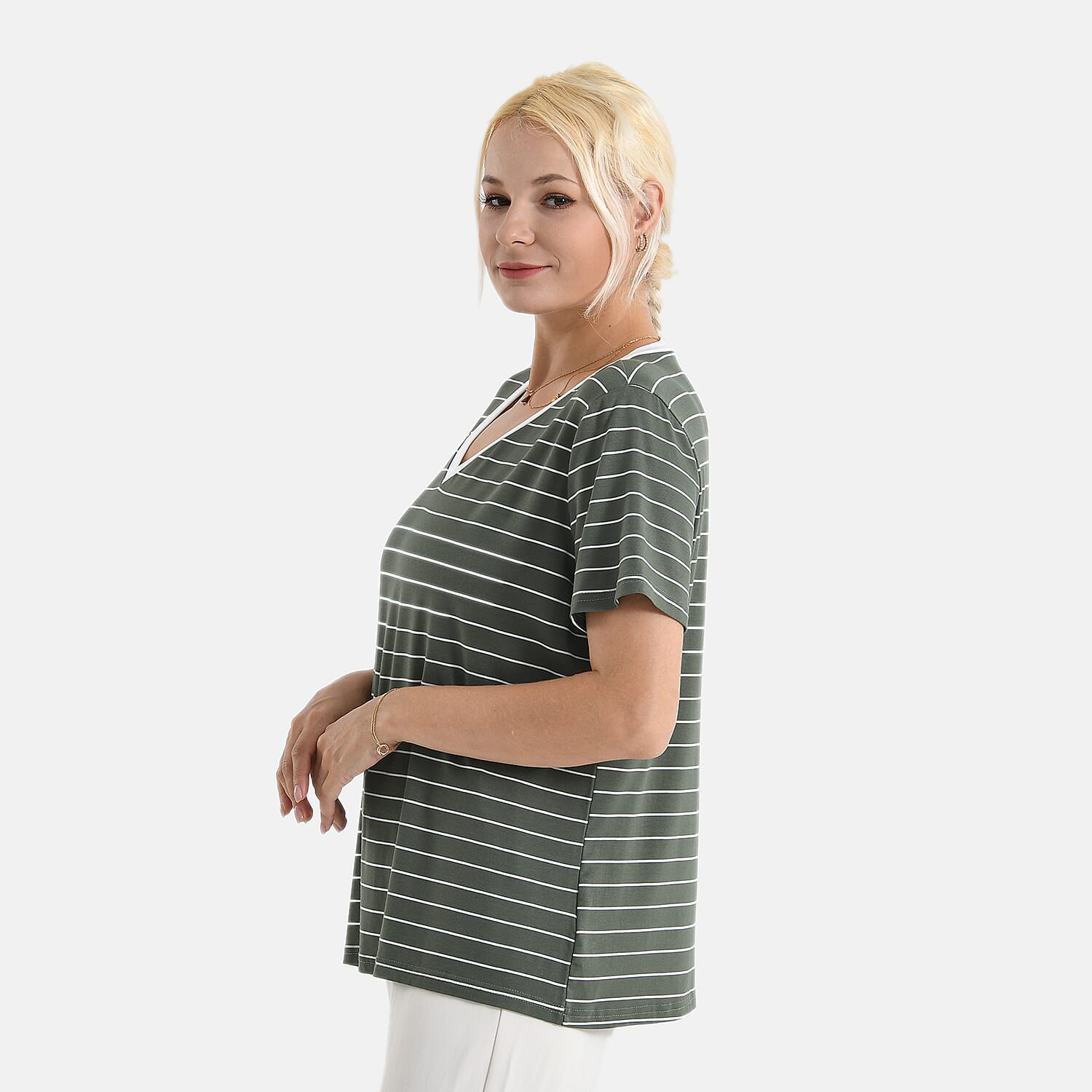 LA MAREY V-neck Striped Short-Sleeved Top
