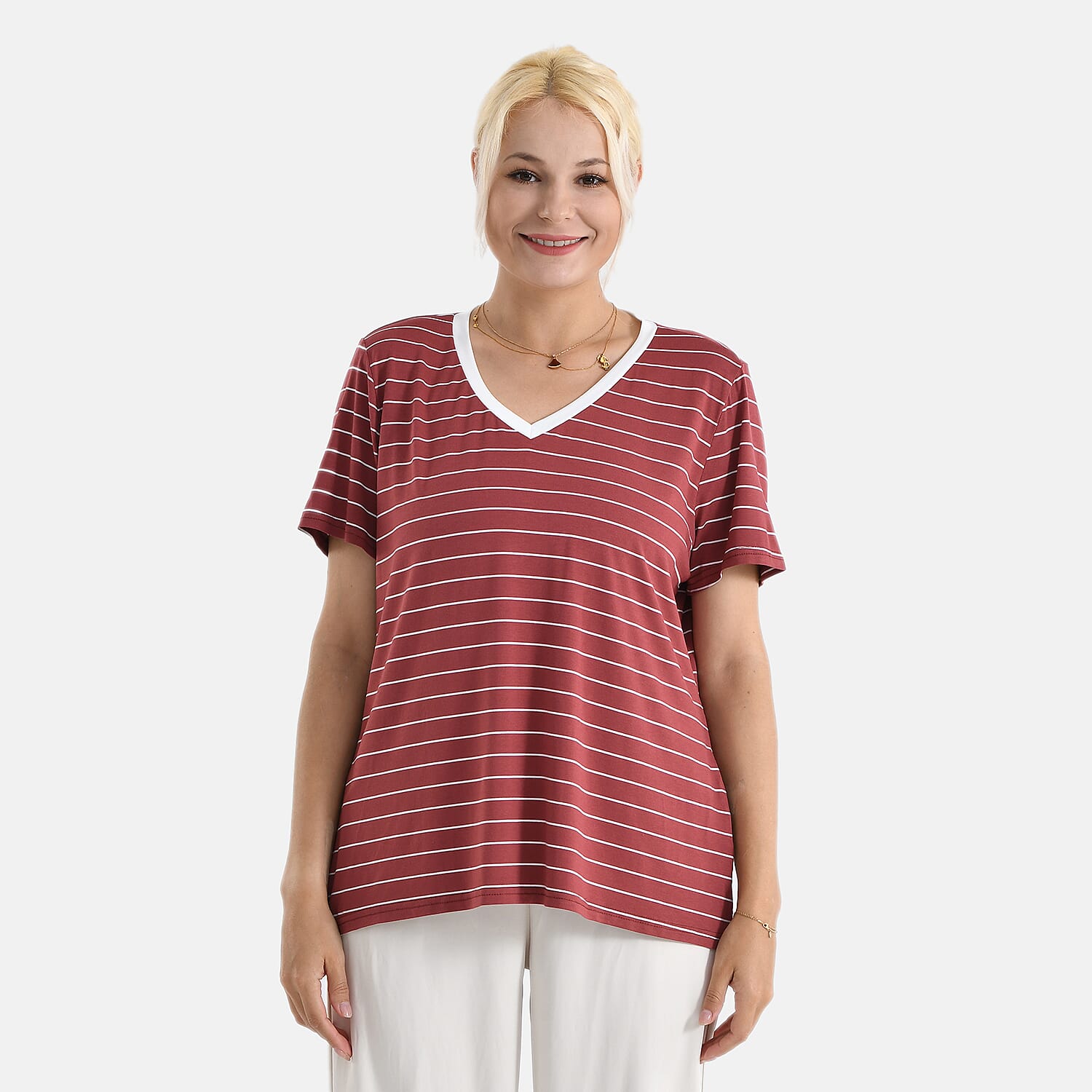 LA MAREY V-neck Striped Short-Sleeved Top