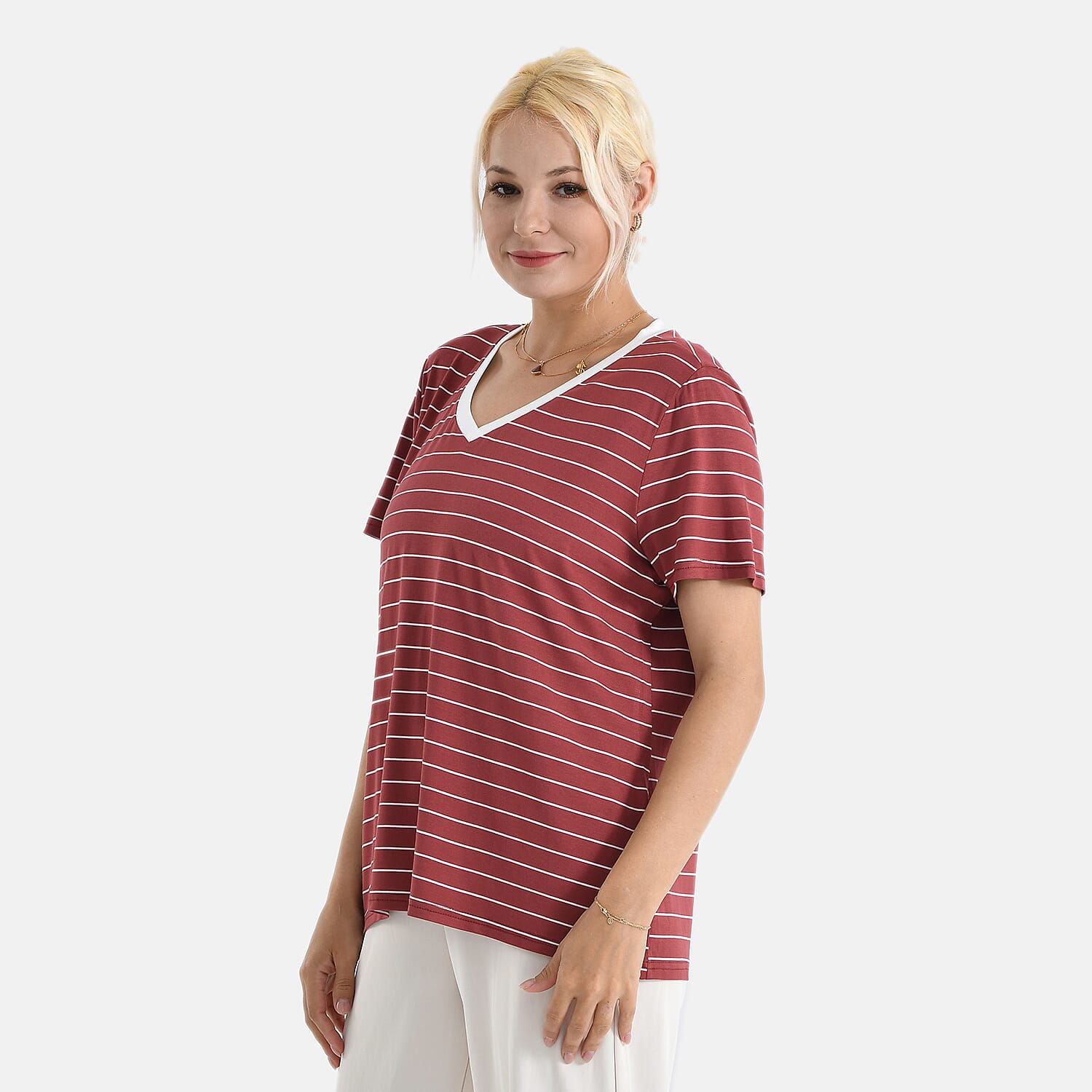 LA MAREY V-neck Striped Short-Sleeved Top