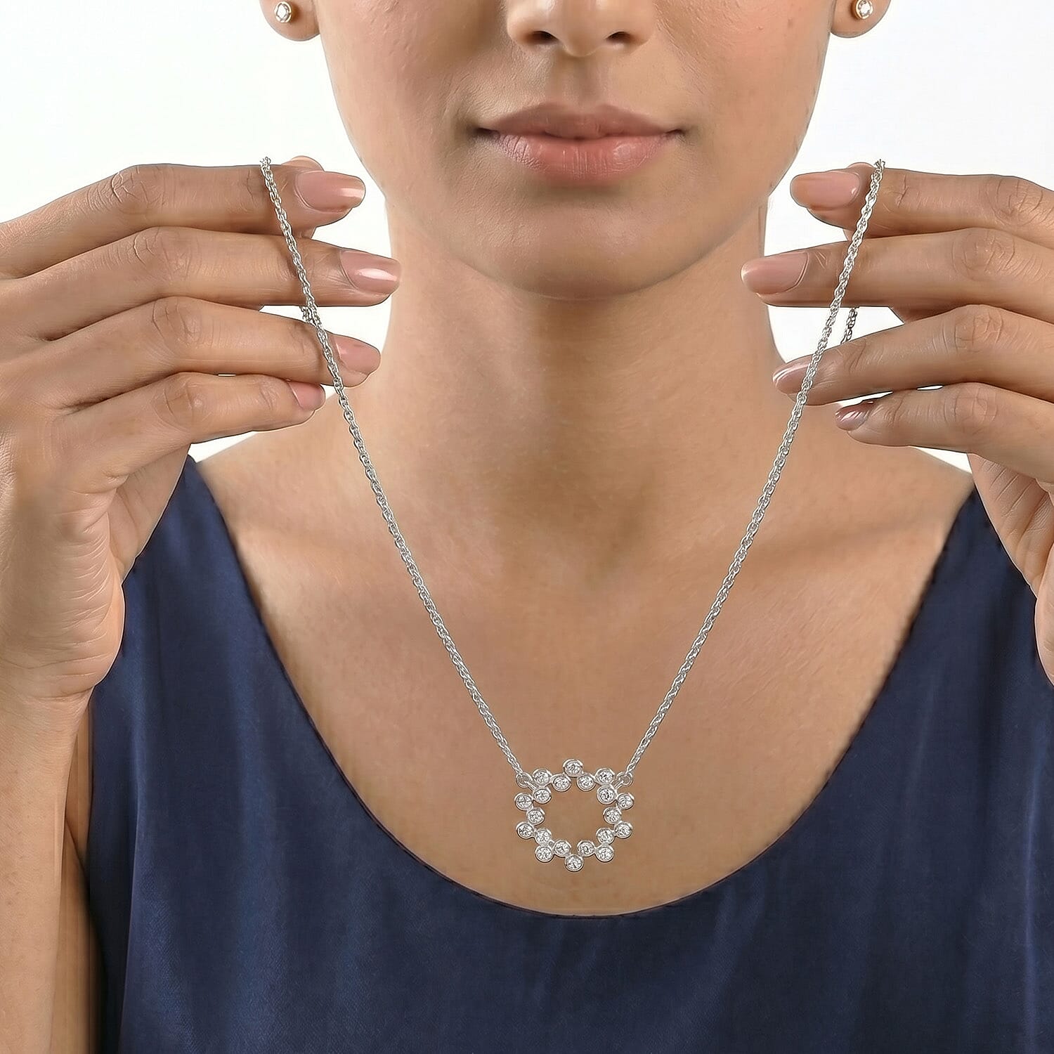 Luxuriant Lab Grown Diamond (SI-G-H) Bubble Circle Necklace (Size - 20) in Rhodium Overlay Sterling Silver 0.52 Ct.