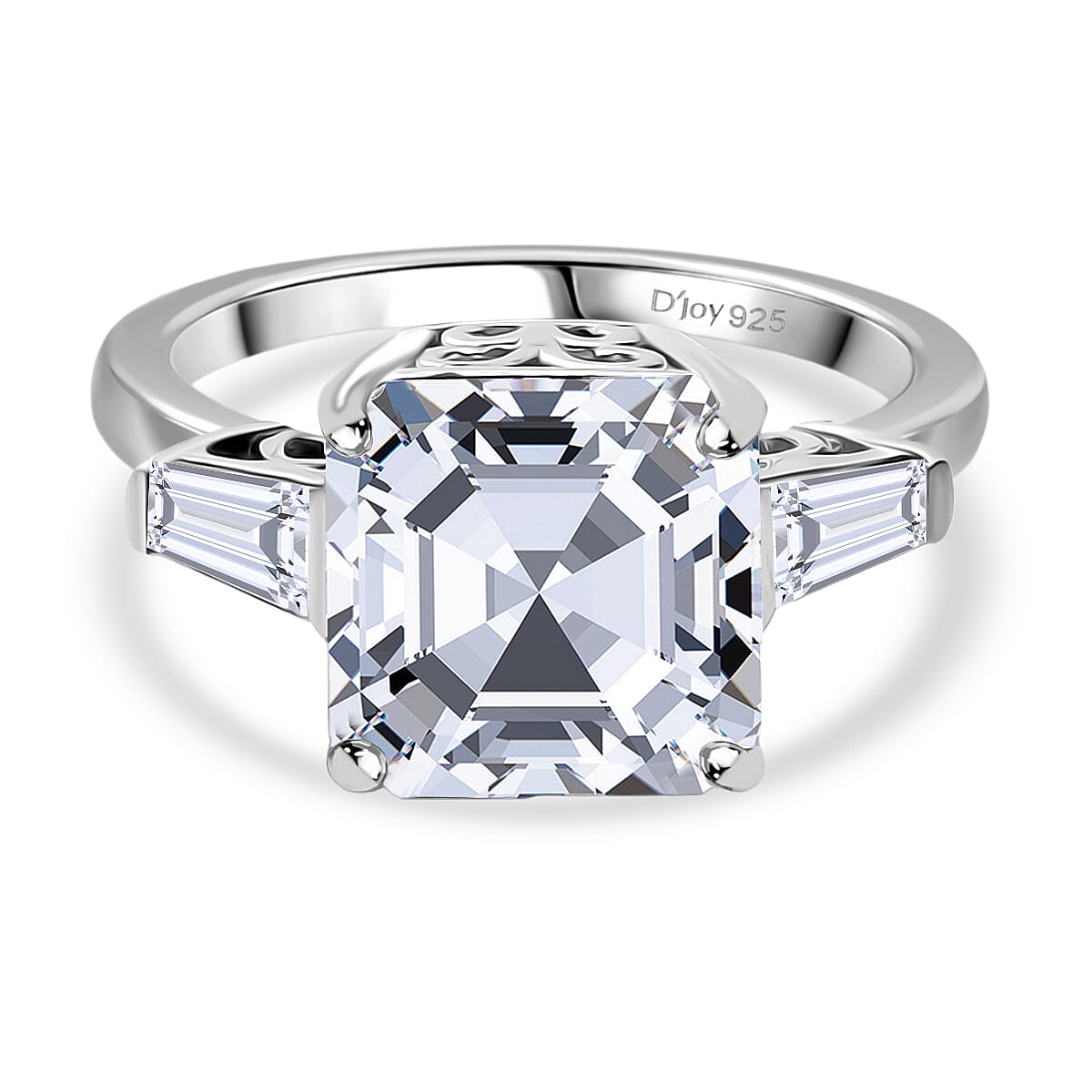 D'Joy Regal Royal Asscher Cut Moissanite Ring in Rhodium Overlay Sterling Silver 5.64 Ct.