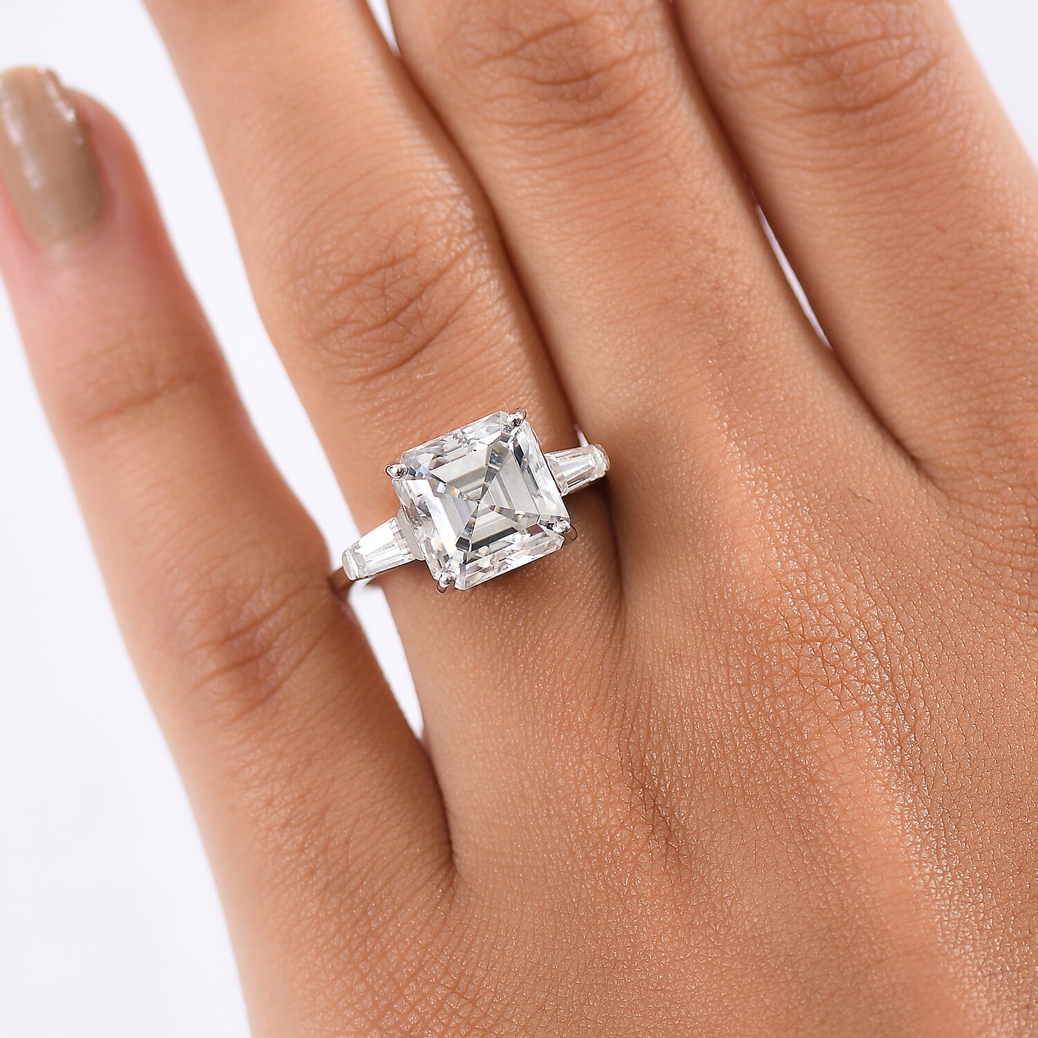 D'Joy Regal Royal Asscher Cut Moissanite Ring in Rhodium Overlay Sterling Silver 5.64 Ct.