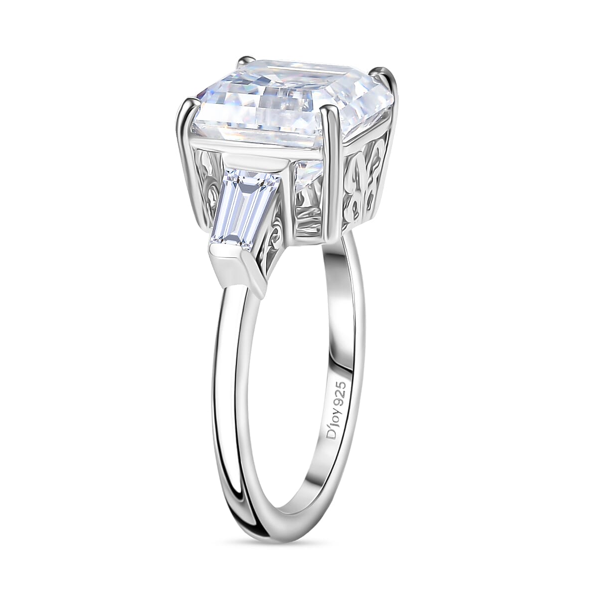 D'Joy Regal Royal Asscher Cut Moissanite Ring in Rhodium Overlay Sterling Silver 5.64 Ct.