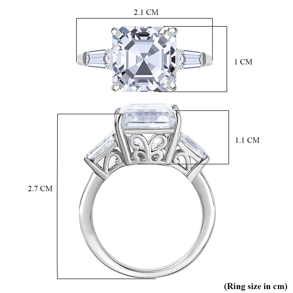 D'Joy Regal Royal Asscher Cut Moissanite Ring in Rhodium Overlay Sterling Silver 5.64 Ct.