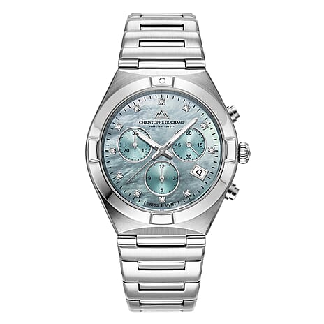 Christophe Duchamp DOrsay Quartz Ronda 5030.d Chronograph 5ATM Ladies Watch with Diamond Sky Blue Dial and Silver Stainless Steel Chain Strap