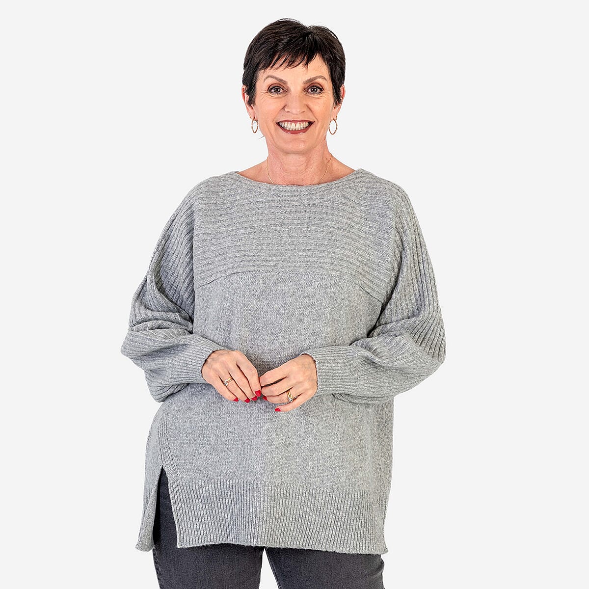 Closeout-Deal-Wool-Blend-Stripe-Ribbed-Jumper-Size-S-M-8-to-14-Grey