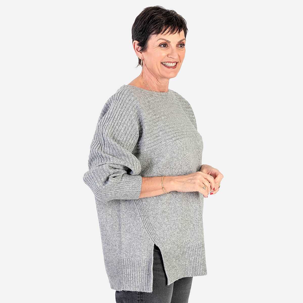 Closeout-Deal-Wool-Blend-Stripe-Ribbed-Jumper-Size-S-M-8-to-14-Grey