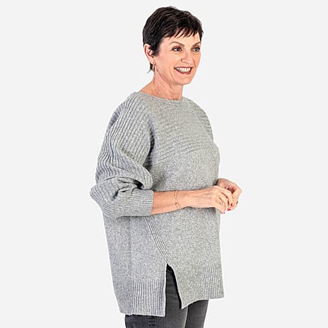 Closeout Deal Wool Blend Stripe Ribbed Jumper (Size L-XL) - Grey