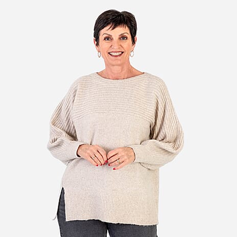 Closeout Deal Wool Blend Stripe Ribbed Jumper (Size S-M) - Beige