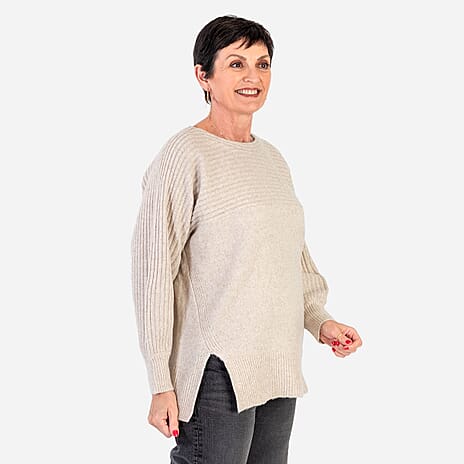 Closeout Deal Wool Blend Stripe Ribbed Jumper (Size L-XL) - Beige