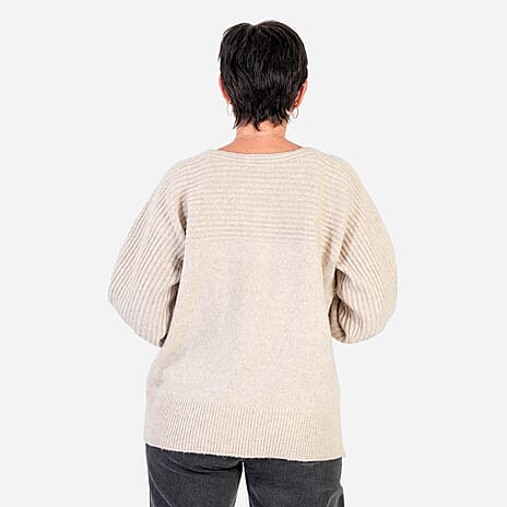 Closeout Deal Wool Blend Stripe Ribbed Jumper (Size L-XL) - Beige