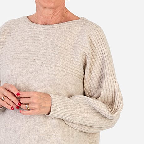 Closeout Deal Wool Blend Stripe Ribbed Jumper (Size L-XL) - Beige