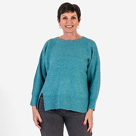 Closeout Deal Wool Blend Stripe Ribbed Jumper (Size L-XL) - Aqua