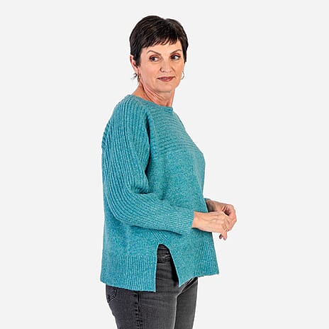 Closeout Deal Wool Blend Stripe Ribbed Jumper (Size L-XL) - Aqua