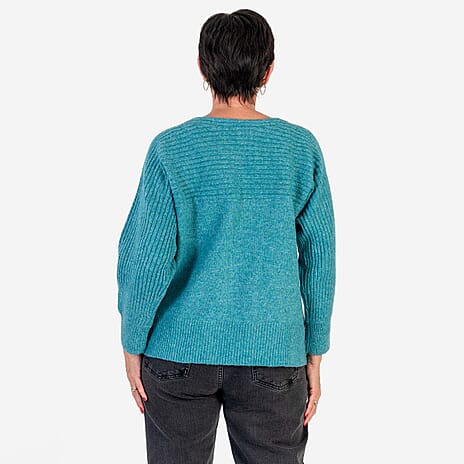 Closeout Deal Wool Blend Stripe Ribbed Jumper (Size L-XL) - Aqua