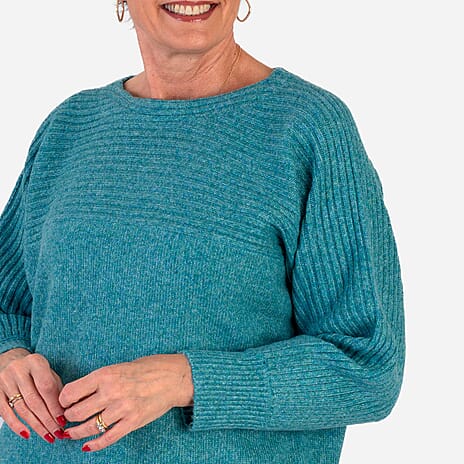 Closeout Deal Wool Blend Stripe Ribbed Jumper (Size L-XL) - Aqua