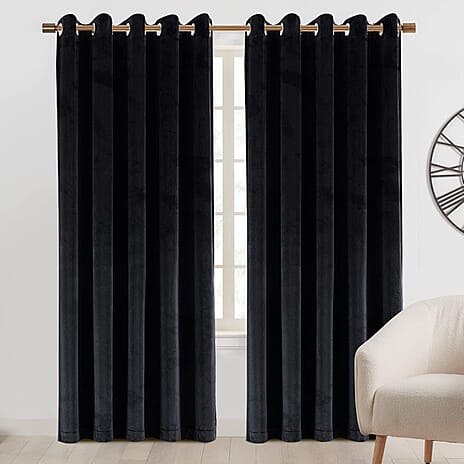 THE PREMIUM CLOSEOUT - Crushed Velvet Eyelet Header Lined  Curtains (229x168 cm) - Black