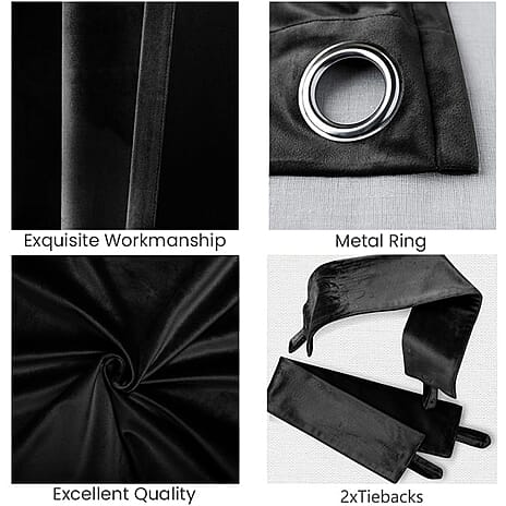 THE PREMIUM CLOSEOUT - Crushed Velvet Eyelet Header Lined  Curtains (229x168 cm) - Black