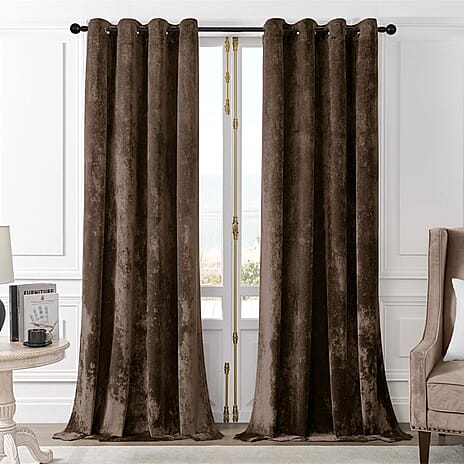 THE PREMIUM CLOSEOUT - Crushed Velvet Eyelet Header Lined  Curtains (229x168 cm) - Chocolate