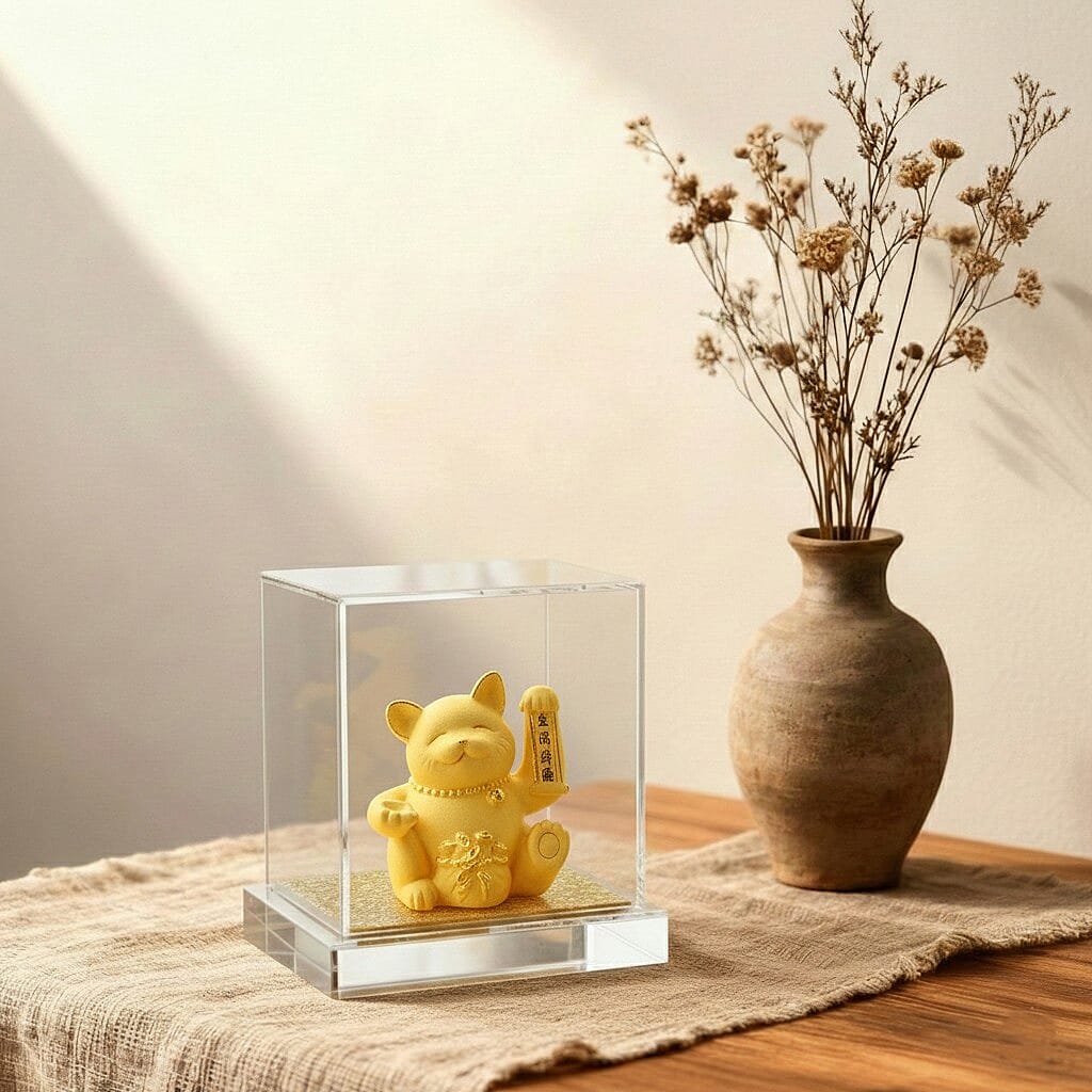 24K Yellow Gold Maneki Neko Lucky Cat Collectible Symbolising Prosperity & Wealth Ornament