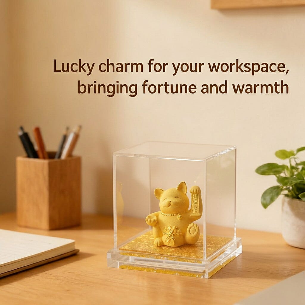 24K Yellow Gold Maneki Neko Lucky Cat Collectible Symbolising Prosperity & Wealth Ornament