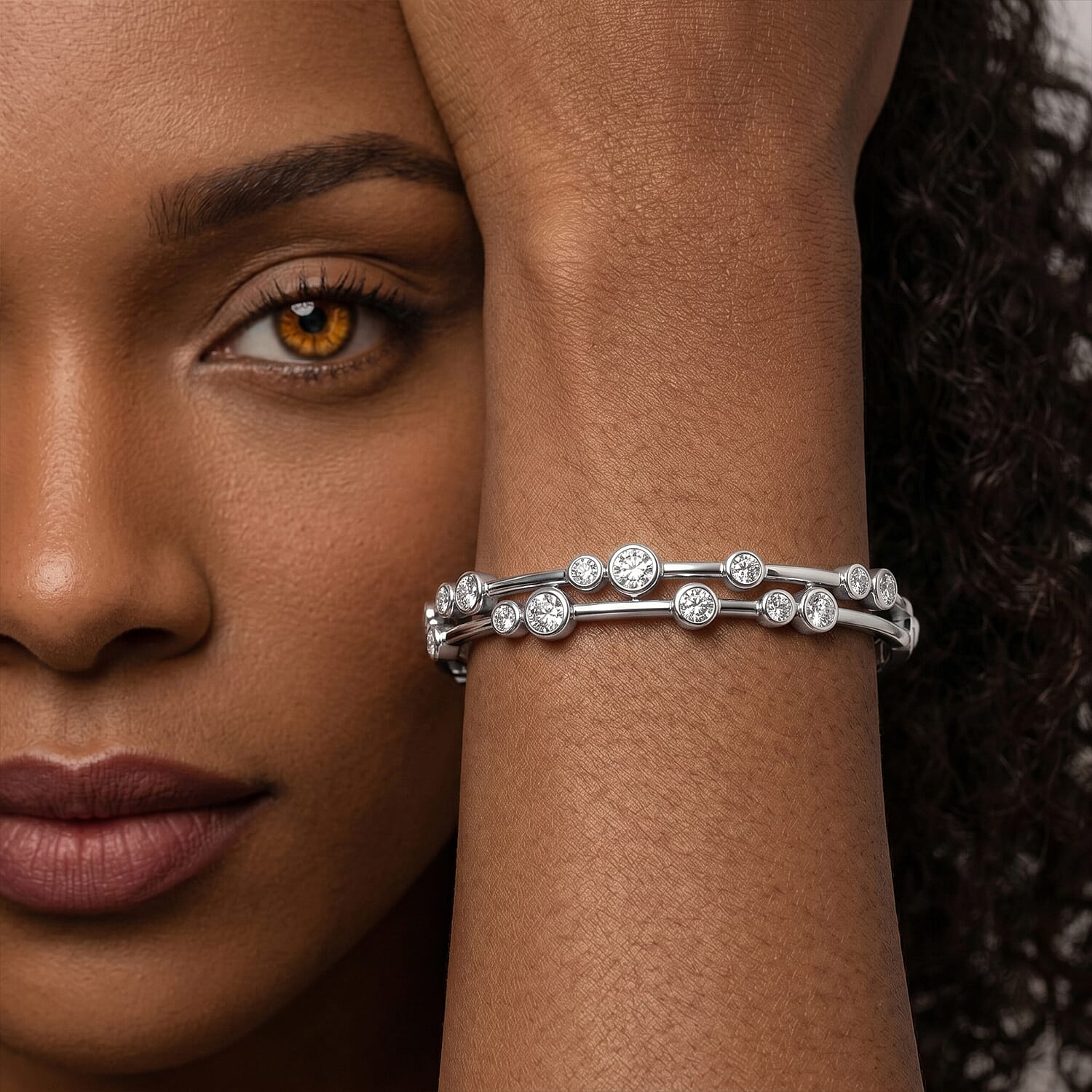 Luxuriant Lab Grown Diamond (SI-GH) BUBBLE Bangle (Size 7.5) in Rhodium Overlay Sterling Silver 1.75 Ct