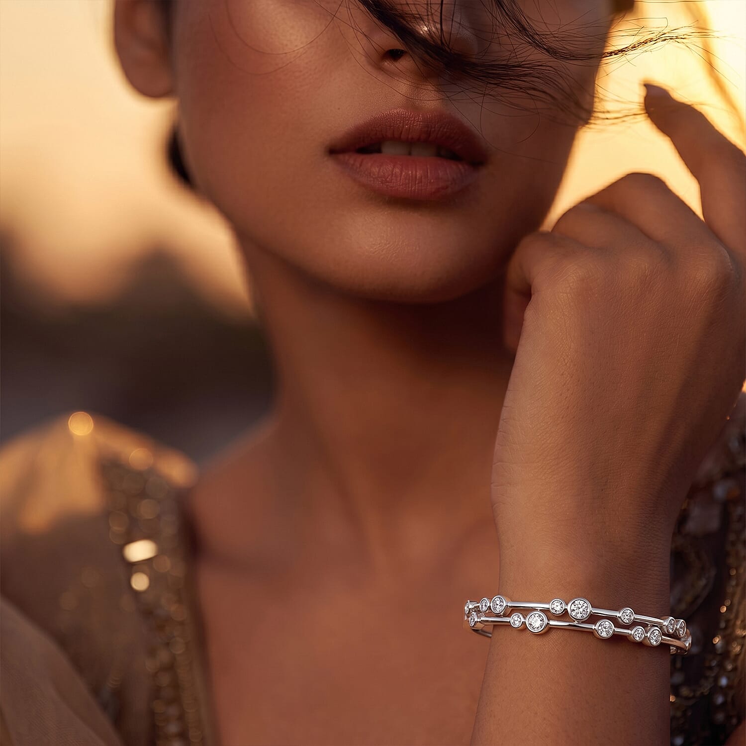 Luxuriant Lab Grown Diamond (SI-GH) BUBBLE Bangle (Size 7.5) in Rhodium Overlay Sterling Silver 1.75 Ct