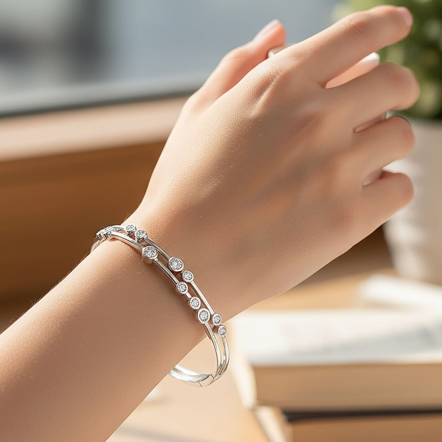 Luxuriant Lab Grown Diamond (SI-GH) BUBBLE Bangle (Size 7.5) in Rhodium Overlay Sterling Silver 1.75 Ct