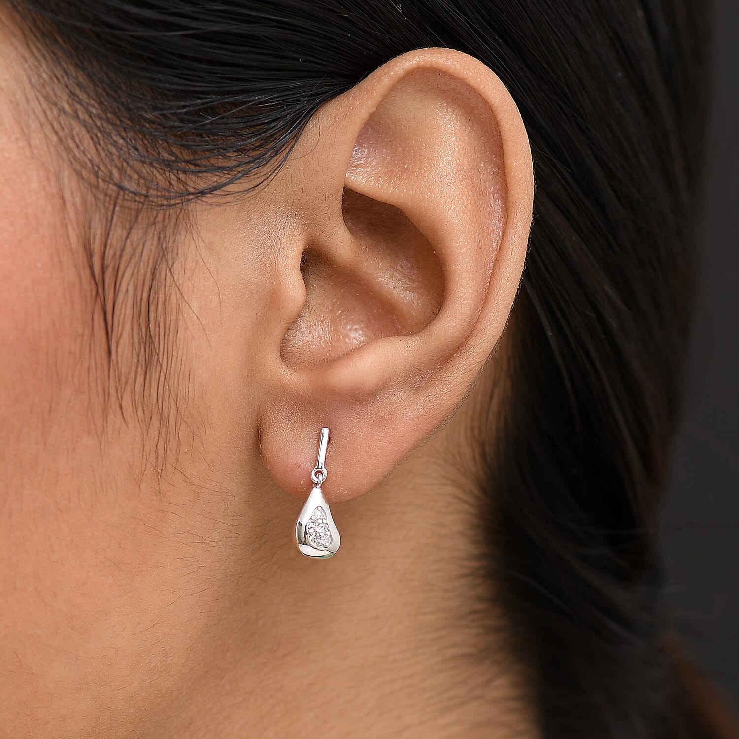 Luxuriant Lab Grown Diamond (SI-GH) Dangling Earring with Push Back in Rhodium Overlay Sterling Silver 0.12 Ct.