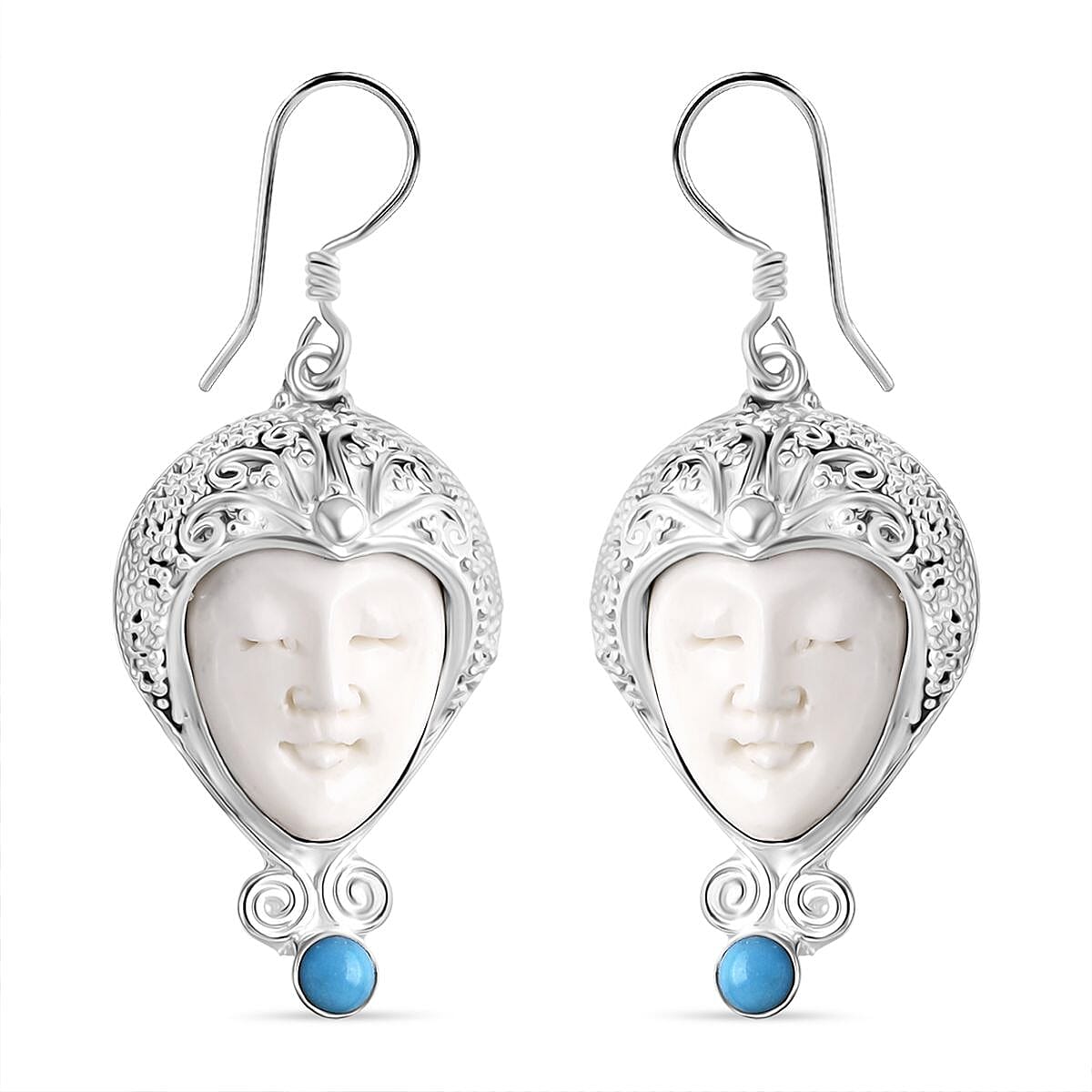 Bali Legacy Ox Bone & Sleeping Beauty Turquoise Earring with Hook Sterling Silver 12.12 Ct, Silver Wt. 16.35 Gms.