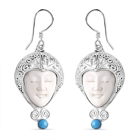 Bali Legacy Ox Bone & Sleeping Beauty Turquoise Earring with Hook Sterling Silver 12.12 Ct, Silver Wt. 16.35 Gms.