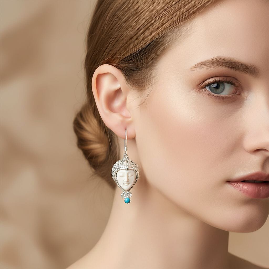 Bali Legacy Ox Bone & Sleeping Beauty Turquoise Earring with Hook Sterling Silver 12.12 Ct, Silver Wt. 16.35 Gms.