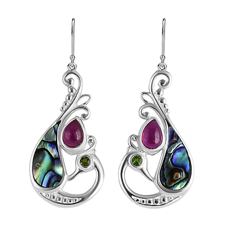 D'Joy Abalone Shell, Natural Chrome Diopside, African Ruby Earring Sterling Silver, Silver Wt.5.38 Gms  3.470  Ct.