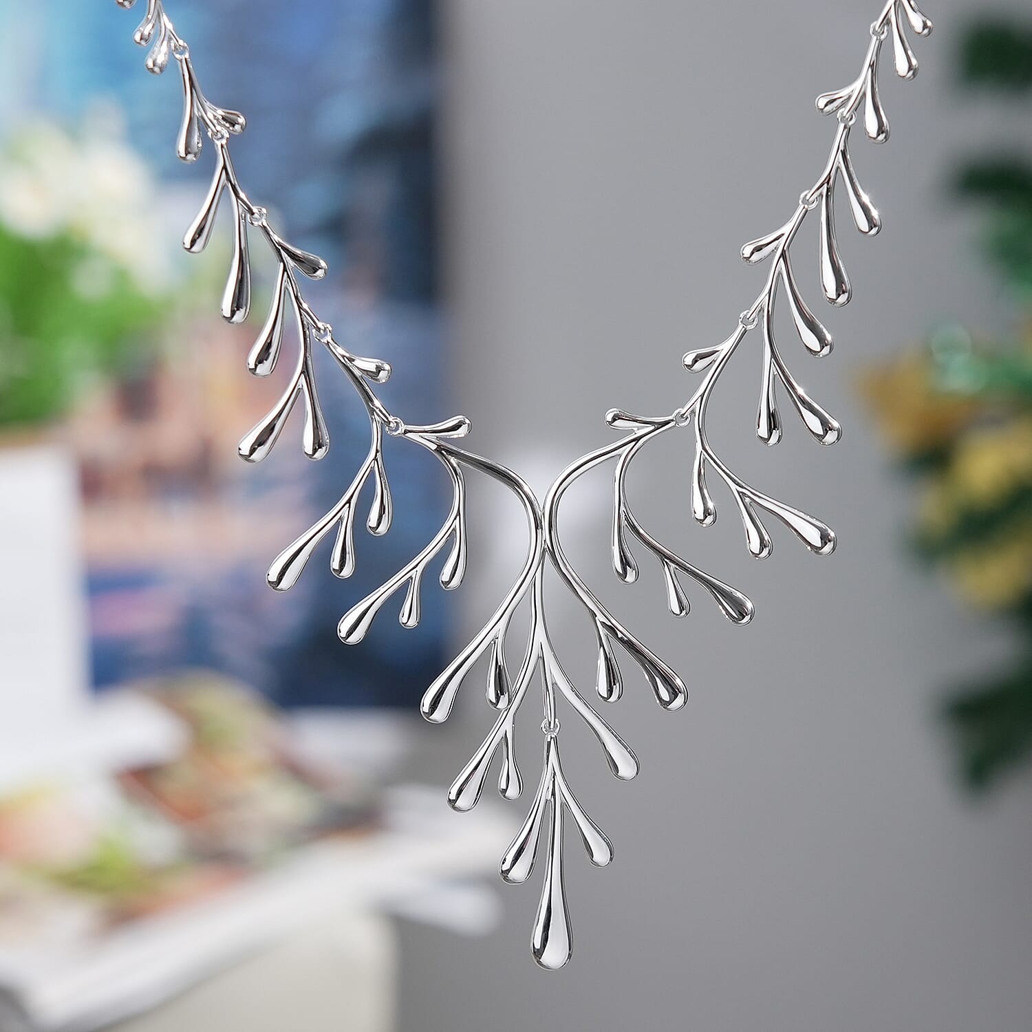 Lucy Q-Drop Collection Rhodium Overlay Sterling Silver Drip Statement Necklace (Size 16 - 4 Ext), Silver Wt. 53.00 Gms.