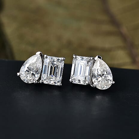 D'Joy Moissanite Solitaire Stud Push Post Earring in Platinum Overlay Sterling Silver 3.71 Ct.