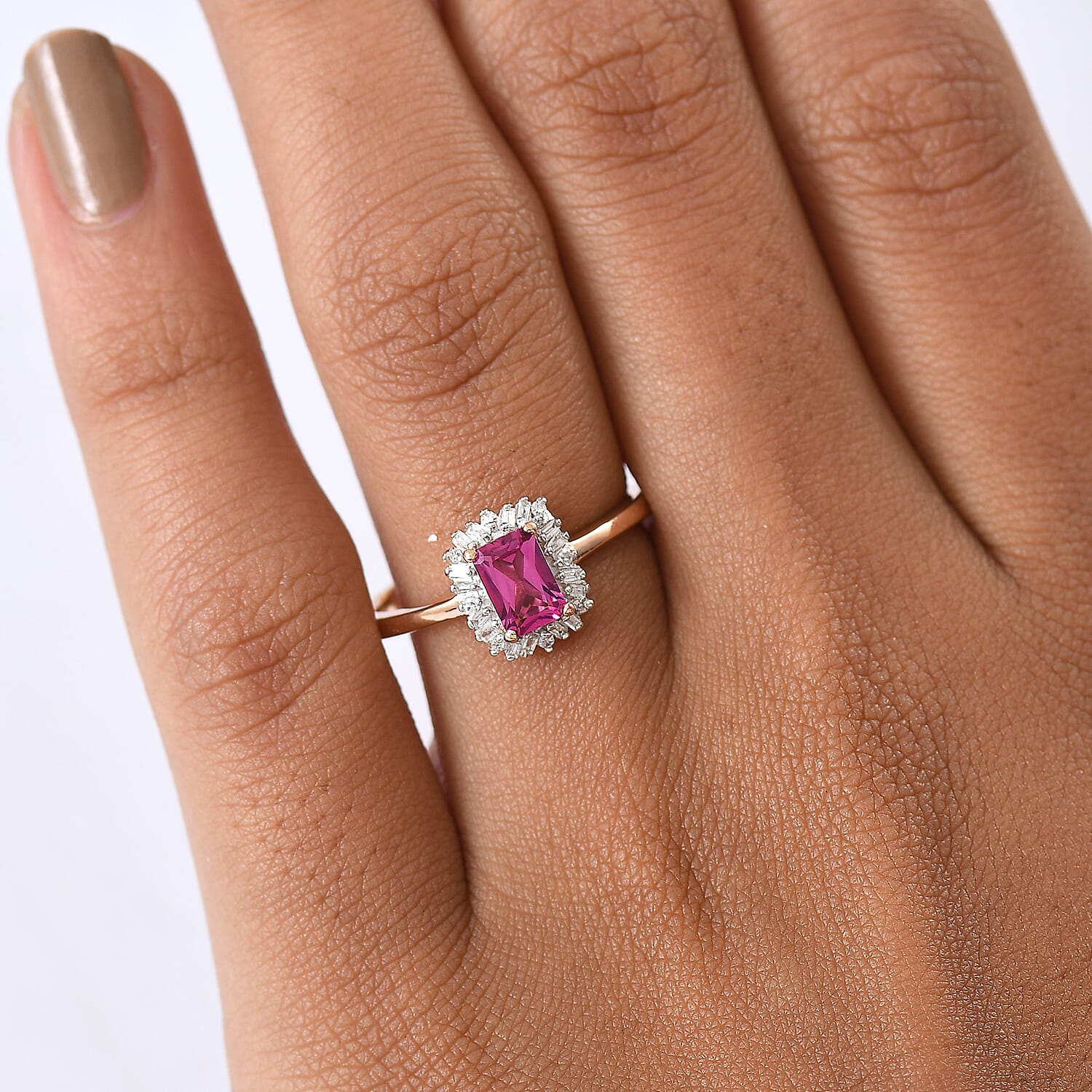 Luxuriant Lab Grown Bixbite & Lab Grown Diamond (SI-GH) Ring in 18K Vermeil Rose Gold Plated Sterling Silver