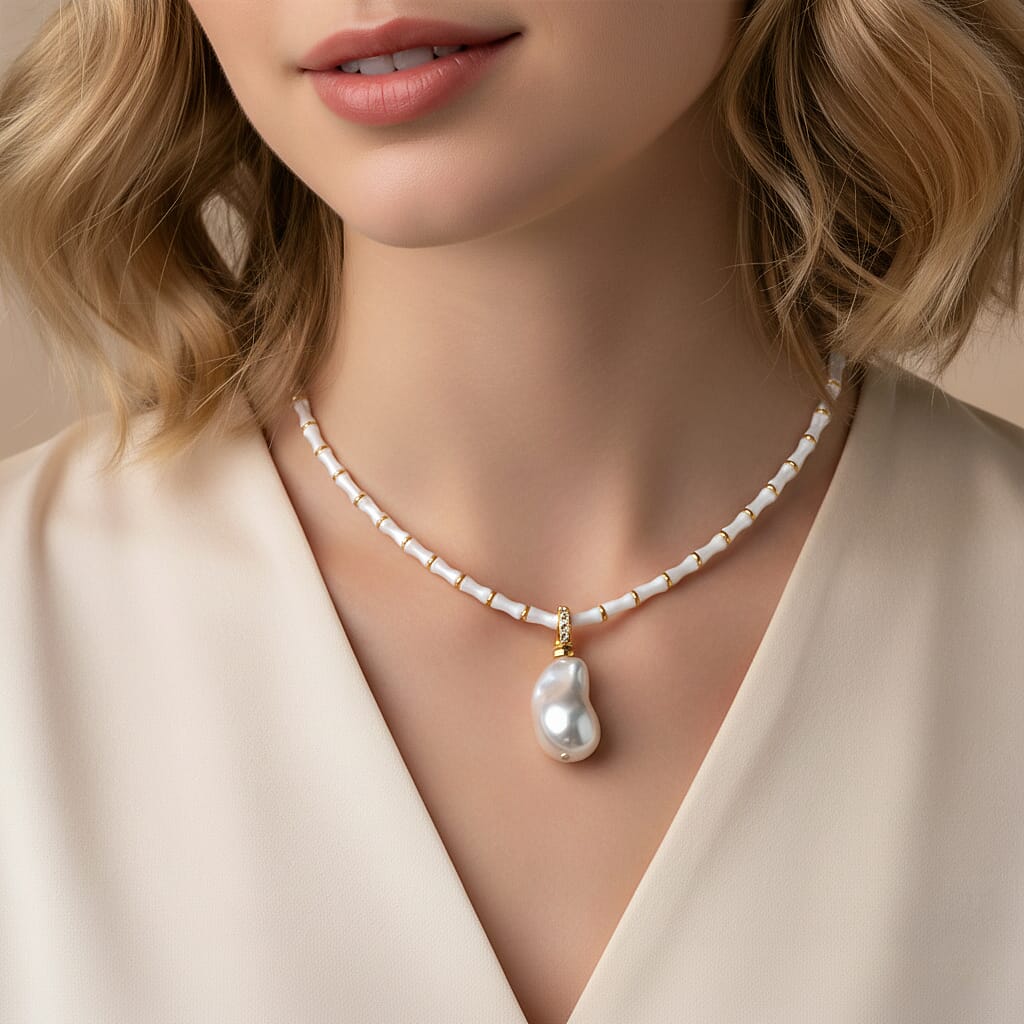 White Shell Pearl & White Cubic Zirconia Necklace (Size 20 - 2 Ext) in Yellow Gold Plated