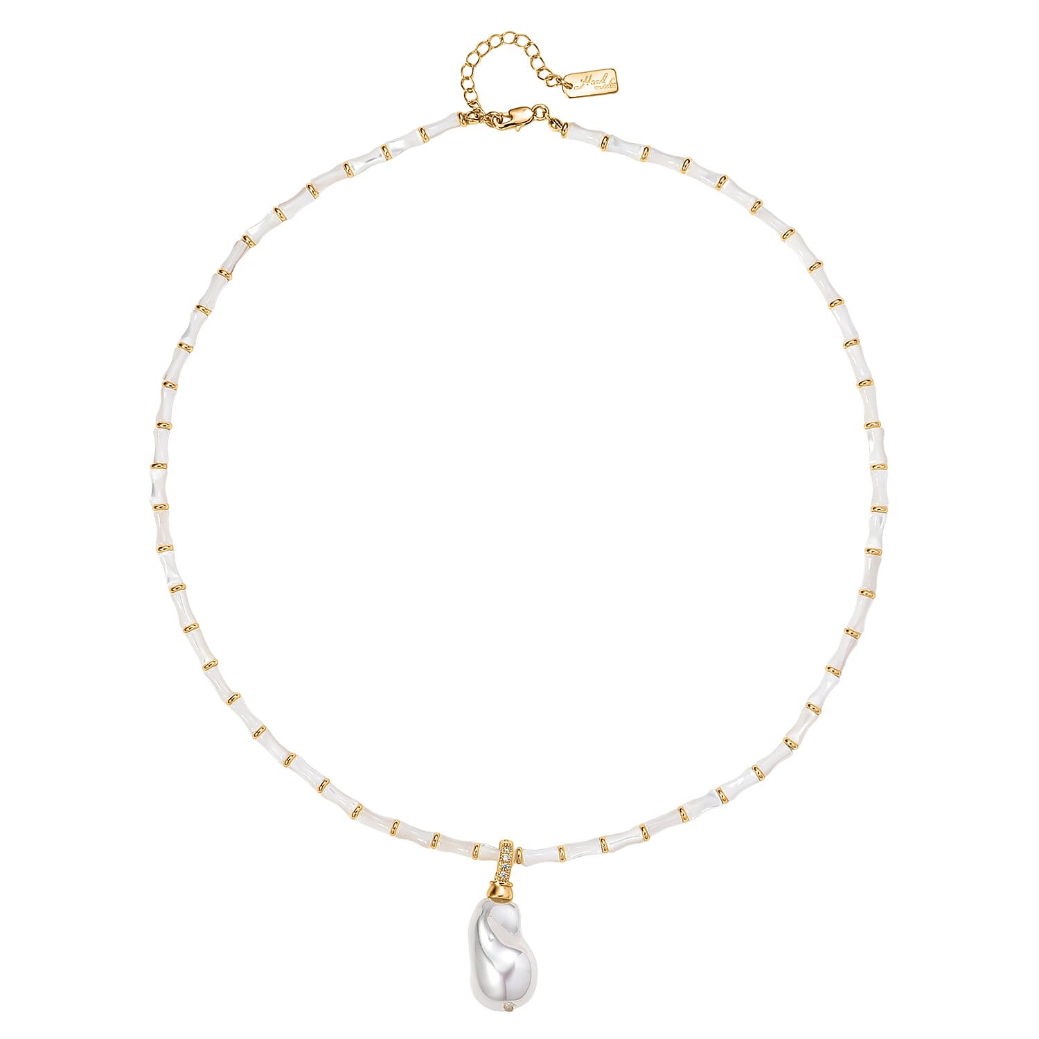 White Shell Pearl & White Cubic Zirconia Necklace (Size 20 - 2 Ext) in Yellow Gold Plated