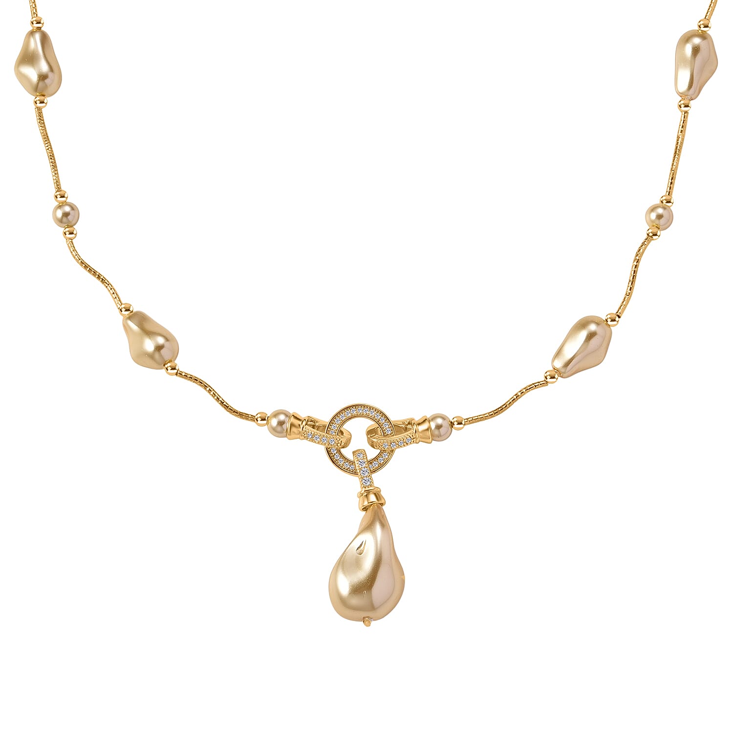 Golden Shell Pearl & White Cubic Zirconia Necklace (Size 24) in Yellow Gold Plated