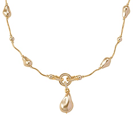 Golden Shell Pearl & White Cubic Zirconia Necklace (Size 24) in Yellow Gold Plated