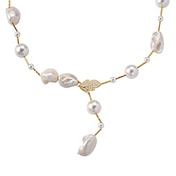 Golden Shell Pearl, White Cubic Zirconia and White Shell Pearl Necklace (Size 27.5 Adjustable) in Silver Tone