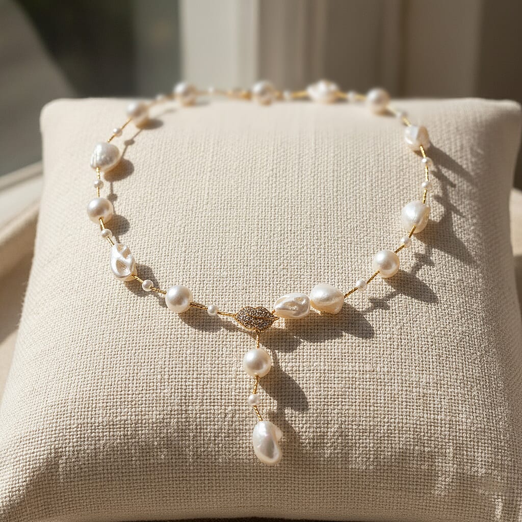 White Shell Pearl & White Cubic Zirconia Necklace (Size 27.5 Adjustable) in Yellow Gold Tone