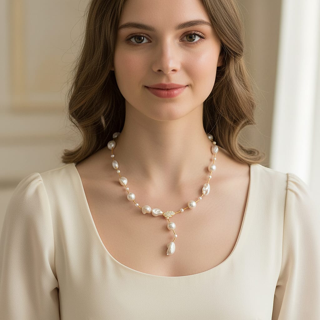 White Shell Pearl & White Cubic Zirconia Necklace (Size 27.5 Adjustable) in Yellow Gold Tone